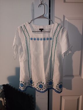 Talbots White Cotton Embroidered Tunic with Blue & Teal Details